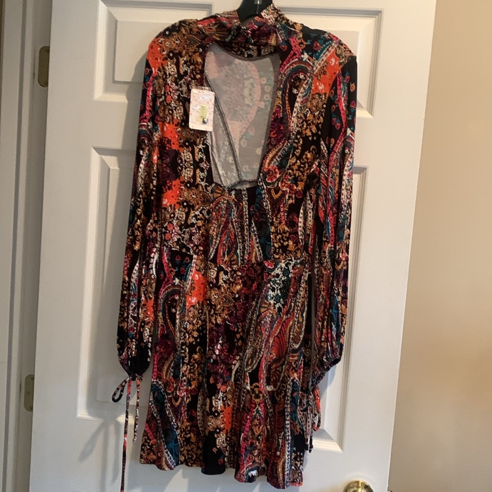 NWT! FREE PEOPLE All Dolled Up Paisley Open Back Mini Dress, soft knit, M. - Picture 10 of 14
